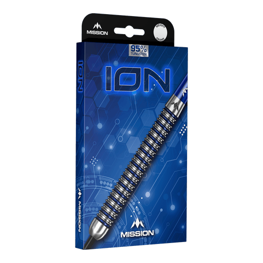Mission ION Blue Silver stalen darts Mission ION Blue Silver Steeldarts sind auf diesem Bild zu sehen. Das Produkt zeichnet sich durch seine blaue und silberne Farbgebung aus.