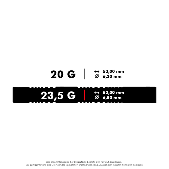 2448_Winmau_Michael_Van_Gerwen_Exact_Softdarts_5_235g Das Bild zeigt die technischen Daten der Winmau Michael Van Gerwen Exact Softdarts. Das Gewicht beträgt 23,5 Gramm, die Länge 53,00 mm und der Durchmesser 6,50 mm.