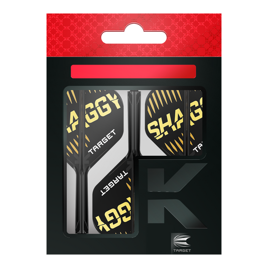 Target K-Flex Scott Williams No2 Standaard Vluchtas Systeem Auf dem Bild ist die Verpackung der "Target K-Flex Scott Williams No2 Standard Flights" zu sehen. Die Flights sind überwiegend schwarz mit gelben und weißen Akzenten und dem Schriftzug "SHAGGY" darauf.