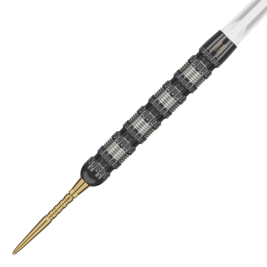 Das Bild zeigt einen Target Rob Cross 95K Swiss Point Steeldart. Der Dart hat eine strukturierte, silber-schwarze Oberfläche und eine goldene Spitze.