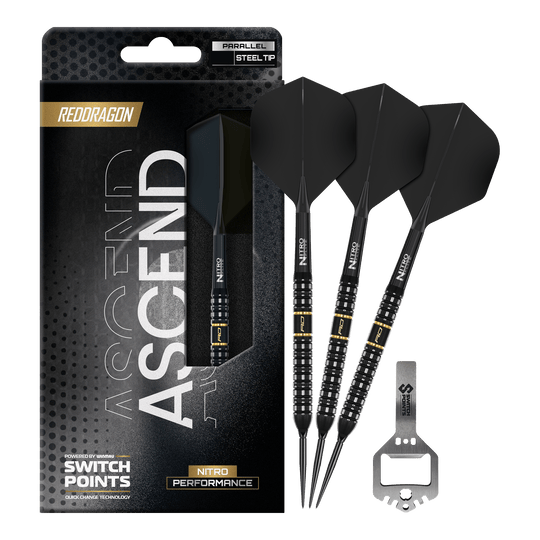 Das Bild präsentiert die Red Dragon Ascend Parallel Switch Point Steeldarts in voller Länge. Die Details des kompletten Darts sind gut erkennbar.
