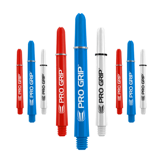 Target Pro Grip Shafts - 3 sets - Rood Blauw Wit Das Bild zeigt neun Dart-Shafts in den Farben Blau, Rot und Weiß. Auf jedem Shaft steht der Schriftzug "PRO GRIP" mit einem kleinen Logo darunter.