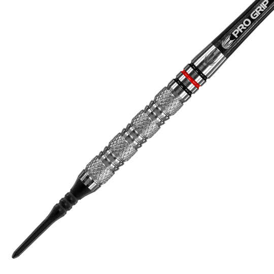 Das Bild zeigt einen Target Vapor8 01 Softdart mit einem Gewicht von 18g. Der Dartpfeil hat ein silbernes, geriffeltes Griffstück und eine schwarze Spitze.