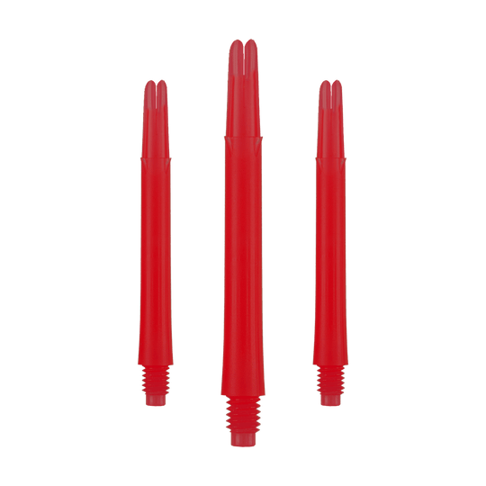 Auf dem Bild sind drei rote, gerade Dartschäfte ohne Kappen zu sehen. Sie sind nebeneinander angeordnet, wobei der mittlere etwas länger erscheint als die beiden äußeren.