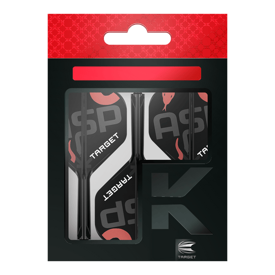 Target K-Flex Nathan Aspinall No2 Standaard Vluchtas Systeem Auf dem Bild ist eine Verpackung mit Dart-Flights und Schäften der Marke Target zu sehen. Die Verpackung ist überwiegend schwarz mit roten und weißen Akzenten gestaltet.