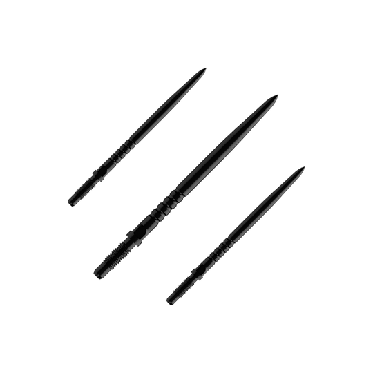 Bulls NL Convertible Point Dart Tips - Ringvormige Grip - Zwart Das Bild zeigt eine Verpackung mit mehreren Dartspitzen. Es sind BullsNL Convertible Points mit Ringed Grip in Schwarz, 32mm im 1er Set abgebildet.