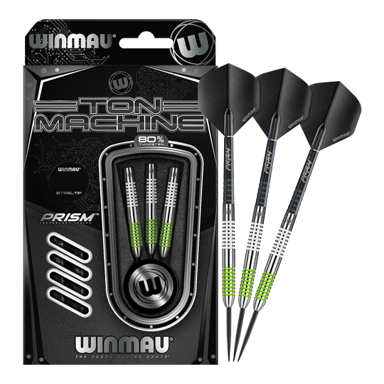 Winmau Ton Machine stalen dartpijlen Das Bild zeigt das Set der Winmau Ton Machine Steeldarts in voller Ansicht. Diese Steeldarts sind ideal für Dartliebhaber.