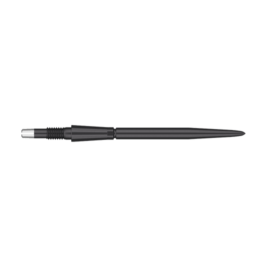 Target Swiss Storm Point Dartpunten - Zwart Das Bild zeigt eine schwarze Dartspitze mit einem geriffelten Griffbereich. Die Spitze ist lang und schmal, ideal für den Einsatz bei Dartpfeilen.
