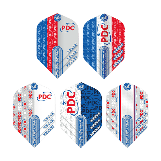 Winmau PDC Prism Flight-collectie Das Bild zeigt die "Winmau PDC Prism Flight Collection" mit fünf unterschiedlichen Dart-Flights. Die Flights sind in den Farben Blau, Rot und Weiß gehalten und mit den Logos "PDC" und "Winmau" bedruckt.