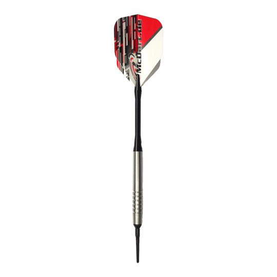 McDart 85 Tungsten V14 Soft Darts - 17g Das Bild zeigt einen McDart 85er Tungsten V14 Softdart mit einem Gewicht von 17 Gramm. Der Dart hat eine silberne Spitze, einen schwarzen Schaft und eine rot-weiße Flights.