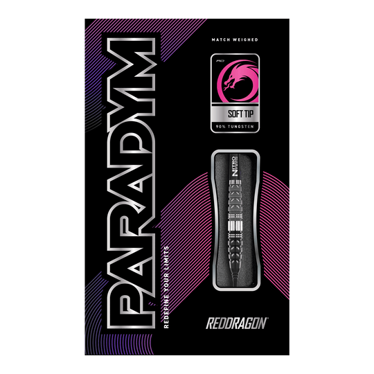 Das Bild zeigt die Verpackung der Red Dragon Paradym Torpedo Softdarts mit einem Gewicht von 20g. Auf der Verpackung sind ein Dartpfeil, das Red Dragon Logo und moderne Designelemente in Schwarz, Pink und Lila zu sehen.