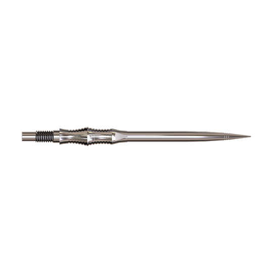 Harrows Quick Point Apex Spire Elite Series Dartspitzen - Silber Apex Spire Silver Elite Serie Dartspitzen in 40mm werden gezeigt. Die Spitzen sind silberfarben.