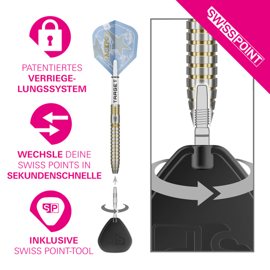 Targetwit Adrian Lewis Showdown Swiss Points Steeldarts Abgebildet sind die Target Adrian Lewis Showdown Swiss Points Steeldarts. Sie zeichnen sich durch ihr spezielles Design aus.