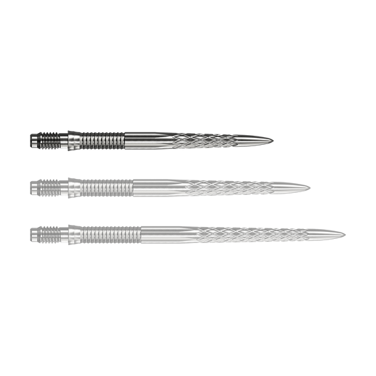 Mission R2.5 Rapid Point DSX dartpunten - zilver Abgebildet ist eine einzelne Mission R25 Rapid Point DSX Dartspitze in Silber mit 30mm Länge. Sie wird häufig für Präzision und Haltbarkeit beim Dartspielen verwendet.