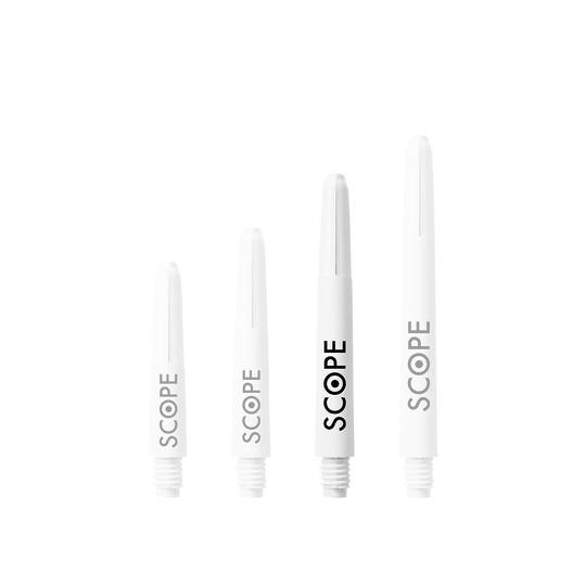 Das Bild zeigt vier weiße McDart Scope Nylon Shafts in unterschiedlichen Längen. Auf jedem Shaft steht das Wort "SCOPE" in schwarzer Schrift.