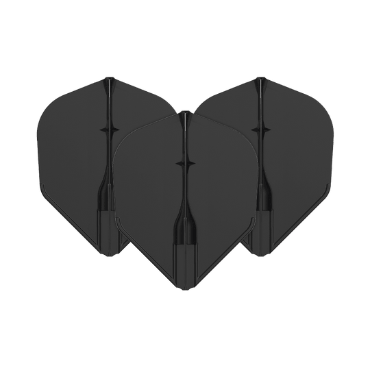 L-L-Style3EZ-vluchten Auf dem Bild sind drei schwarze Dartflights zu sehen. Sie sind in einer Reihe angeordnet und haben eine klassische Form.