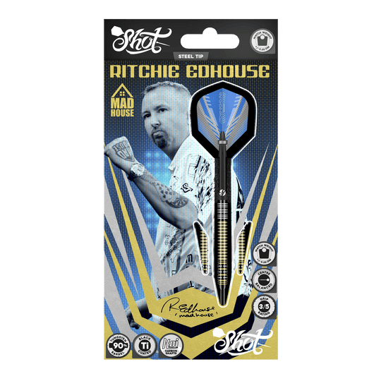 Shot Ritchie Edhouse Madhouse stalen dartpijlen Abgebildet sind die Shot Ritchie Edhouse Madhouse Steeldarts. Sie zeigen das markante Design und die hochwertige Verarbeitung der Darts.