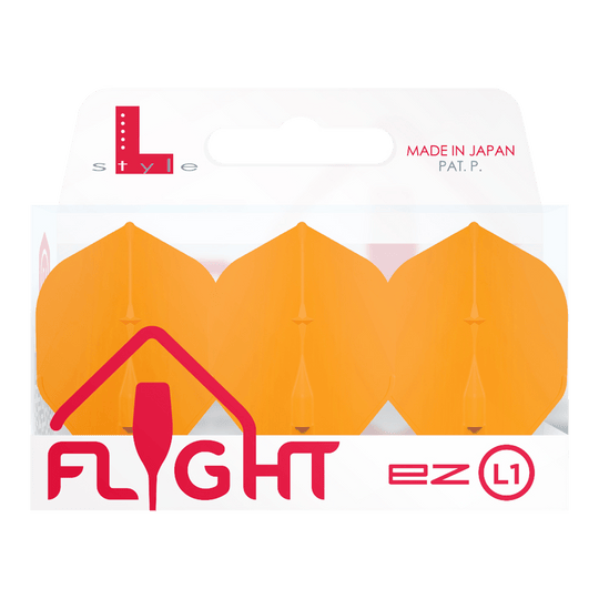 L-Style Champagne L1EZ Standaard Vluchten Das Bild zeigt eine Packung „L-Style Champagne L1EZ Standard Flights“ in Orange. Die Verpackung ist durchsichtig und trägt die Aufschrift „Flight ez L1“.