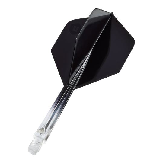Unicorn Forge Two Tone No2 standaard flights - transparant zwart Das Bild zeigt die Unicorn Forge Two Tone No2 Standard Flights in Schwarz. Es handelt sich um Flights für Dartpfeile mit klarem und schwarzem Design.