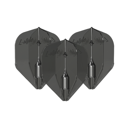 L-Style Fantom L3EZ Flights Transparant Zwart Das Bild zeigt drei schwarze, transparente Dart-Flights des Modells "L-Style Fantom L3EZ". Auf den Flights ist der Schriftzug "L-style" zu sehen.
