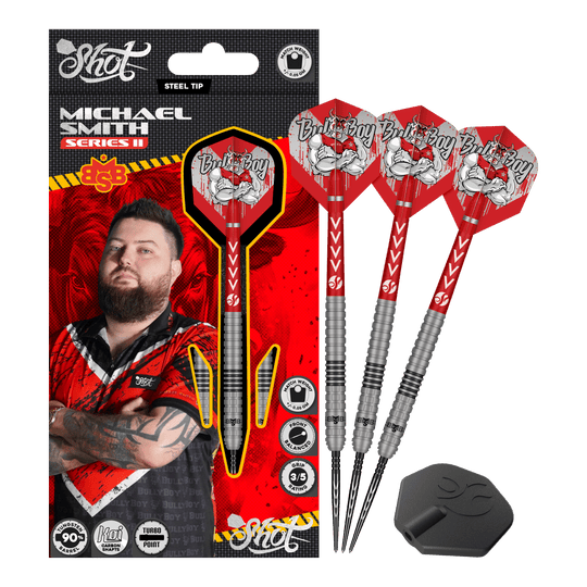 Shot met Michael Smith Series 2 Turbo Point stalen dartpijlen Das Bild zeigt die Shot Michael Smith Series 2 Turbo Point Steeldarts. Es sind hochwertige Steeldarts, die für den professionellen Gebrauch geeignet sind.
