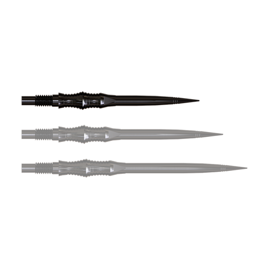Harrows Quick Point Apex Spire Elite Series Dartspitzen - Schwarz Apex Spire Black Elite Serie Dartspitzen in 30mm sind abgebildet. Die Spitzen sind schmal und schwarz.