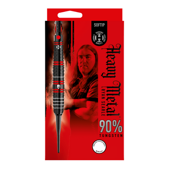 Ryan Searle van Harrow Heavy Metal Soft Darts Die Verpackung zeigt die Harrows Ryan Searle Heavy Metal Softdarts mit einem Bild von Ryan Searle. Das Design hebt 90% Tungsten und ein auffälliges rot-schwarzes Farbschema hervor.