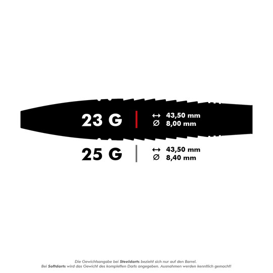 Das Bild zeigt zwei Dartgewichte: 23 Gramm mit 43,50 mm Länge und 8,00 mm Durchmesser sowie 25 Gramm mit 43,50 mm Länge und 8,40 mm Durchmesser. Unten steht ein Hinweis, dass sich die Gewichtsangabe bei Steeldarts nur auf den Barrel bezieht.