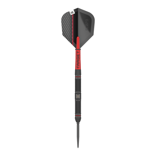 Target Scope 01 Swiss Point stalen darts Auf dem Bild ist ein Target Scope 01 Swiss Point Steeldart zu sehen. Der Dart hat ein modernes Design in Schwarz und Rot mit einer strukturierten Oberfläche.