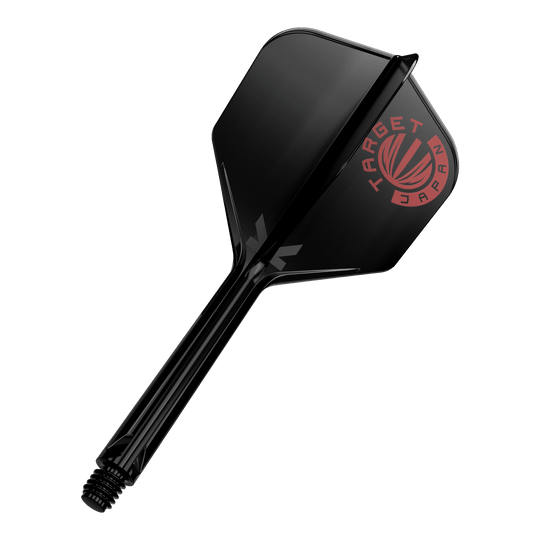 Target Japan K-Flex origineel logo rood zwart No6 vliegassysteem Das Bild zeigt einen schwarzen Dartshaft mit einer schwarzen Dartflügelfeder. Auf der Feder ist ein rotes Logo mit der Aufschrift "TARGET JAPAN" zu sehen.