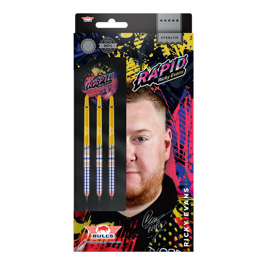 Bulls NL Ricky Evans Rapid Edition One Steeldarts Die Abbildung zeigt die Verpackung der "Bulls NL Ricky Evans Rapid Edition One Steeldarts". Auf der Packung sind drei gelb-silberne Steeldarts und ein Porträt von Ricky Evans zu sehen.