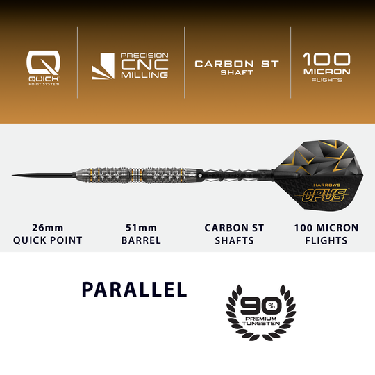 Harrow's Opus Quick Point stalen dartpijlen Das Bild präsentiert die Harrows Opus Quick Point Steeldarts - 23g. Sie zeichnen sich durch ihre hochwertige Verarbeitung aus.