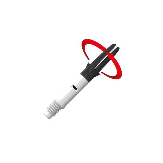 L-L-Style-Shaft Carbon Silent Straight - Wit Das Bild zeigt einen weißen und schwarzen Dart-Schaft mit einem Gewinde am unteren Ende. Ein roter Pfeil deutet auf eine Drehbewegung des oberen Teils hin.