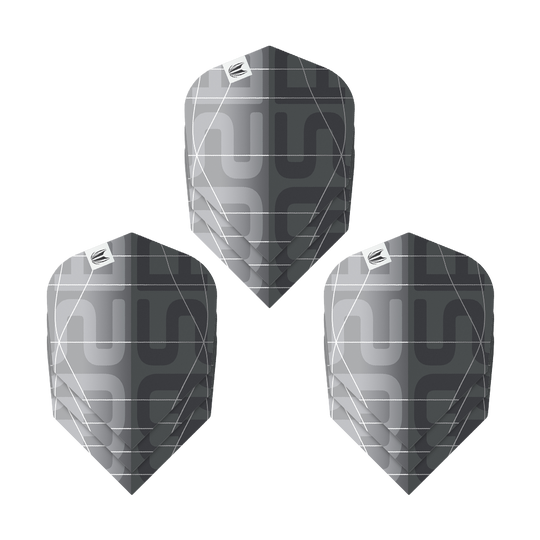 Target Pro Ultra Aspinall X Echo No6 Vluchten - 3 Sets Das Bild zeigt drei Sätze der Target Pro Ultra Aspinall X Echo No6 Flights. Die Flights sind in einem modernen Schwarz-Grau-Design mit geometrischem Muster gehalten.
