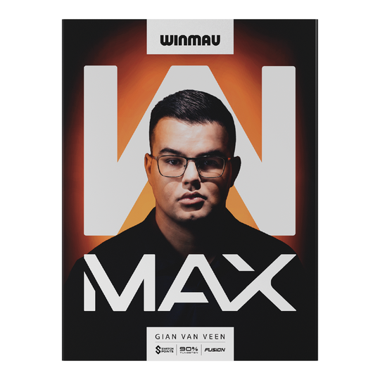 Winmau Gian Van Veen W-MAX zachte darts - 18g Das Bild zeigt Winmau Gian Van Veen W-MAX Softdarts mit einem Gewicht von 18 Gramm. Die Darts sind nebeneinander angeordnet.