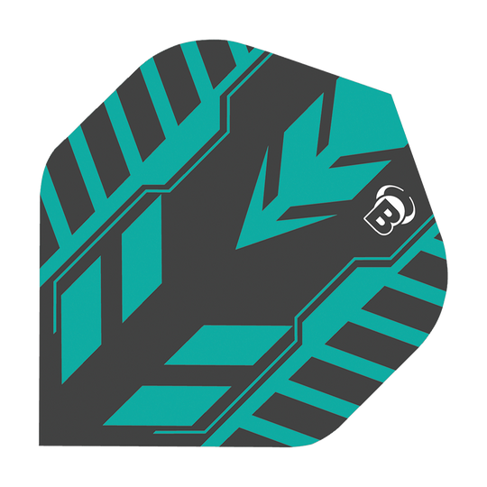 Das Bild zeigt ein Dart-Flight des Modells "Bulls B-Star Veco No2 Standard Flights". Das Flight hat ein modernes Design in Schwarz und Türkis mit einem auffälligen Muster und einem kleinen weißen "B"-Logo.