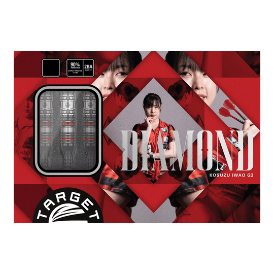 Die Abbildung zeigt das Produkt "Target Japan Prime Series Diamond GEN3 Softdarts - 18g". Auf der Verpackung sind die Darts selbst sowie ein Porträt einer Frau und das Wort "DIAMOND" zu sehen.