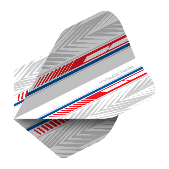 Pentathlon Vluchten wit/rood/blauw Das Bild zeigt ein Pentathlon White Red Blue No2 Standard Flight für Darts. Das Design ist überwiegend grau mit roten und blauen Akzenten sowie einem geometrischen Muster.
