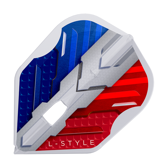 L-Style V-Serie V1 Type B Frankrijk Helder Wit L3PRO Vluchten Das Bild zeigt das Produkt "L-Style V-Series V1 Type B France Clear White L3PRO Flights". Die Dart-Flight ist in den Farben Blau, Weiß und Rot gestaltet und trägt die Aufschrift "L-STYLE".