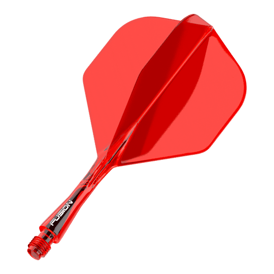 Das Bild zeigt ein rotes Dartflight- und Shafts-System. Es handelt sich um das Winmau Fusion Flight Shaft System in Standardgröße mit einer Länge von 22 mm.