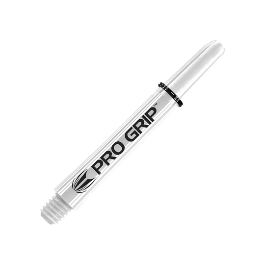 Target Pro Grip Shafts - 3 sets - Wit Das Bild zeigt einen weißen Pro Grip Schaft für Dartpfeile. Auf dem Schaft steht gut sichtbar der Schriftzug "PRO GRIP".