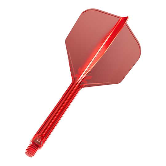 Target K-Flex No6 Vluchtsysteem - Rood Das Bild zeigt einen roten Dart-Flügel mit Schaft aus Kunststoff. Er hat eine sechseckige Form und ein Schraubgewinde am Ende.