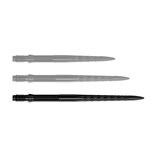 Dartspitzen in Schwarz werden angezeigt. Die Abbildung zeigt die Mission R25 Rapid Point DSX Dartspitzen mit einer Länge von 40mm.