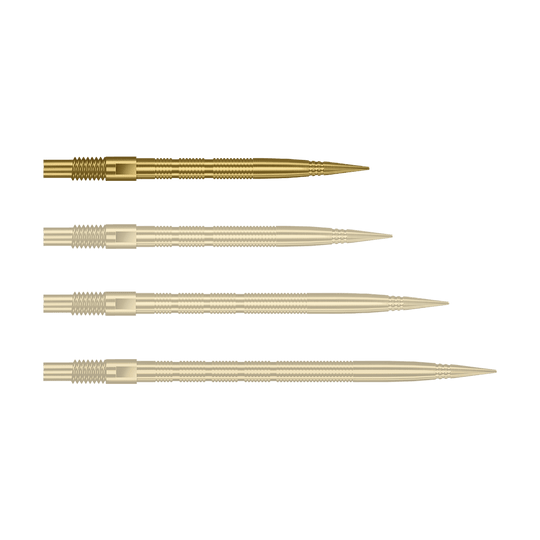 Harrows Quick Point Micro Ridge Dart Tips - Goud Abgebildet sind goldene MicroRidge Dartspitzen mit einer Länge von 26 mm. Das Produkt ist vermutlich von Harrows, Modell Quick Point.