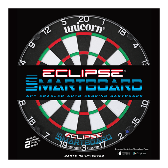 Unicorn Eclipse Smartboard stalen dartbord Das Bild zeigt das Produkt "Unicorn Eclipse Smartboard Steeldartboard". Es handelt sich um eine App-unterstützte Steeldart-Scheibe mit automatischer Punkteauswertung.