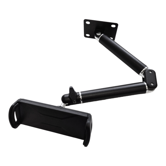 McDart TABFlex tablet muurbeugel met flexibele arm Die Abbildung zeigt die McDart TABFlex Tablet-Wandhalterung mit flexiblem Arm. Die Halterung ist schwarz und kann an der Wand befestigt werden, um ein Tablet flexibel auszurichten.