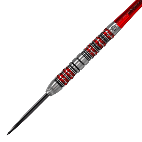 Das Bild zeigt einen Harrows Damon Heta Series 3 Steeldart. Der Dartpfeil hat ein silbernes Barrel mit roten und schwarzen Akzenten.