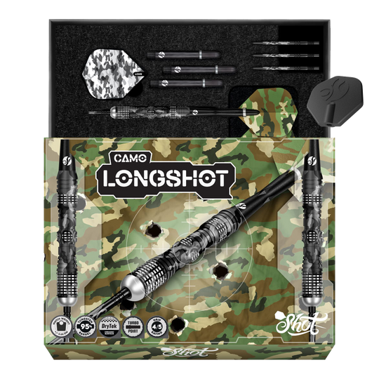 Shot Camo Longshot Turbo Point Steeldarts - 23g Shot Camo Longshot Turbo Point Steeldarts 23g sind Dartpfeile mit Tarnmuster. Die Pfeile werden nebeneinander präsentiert.