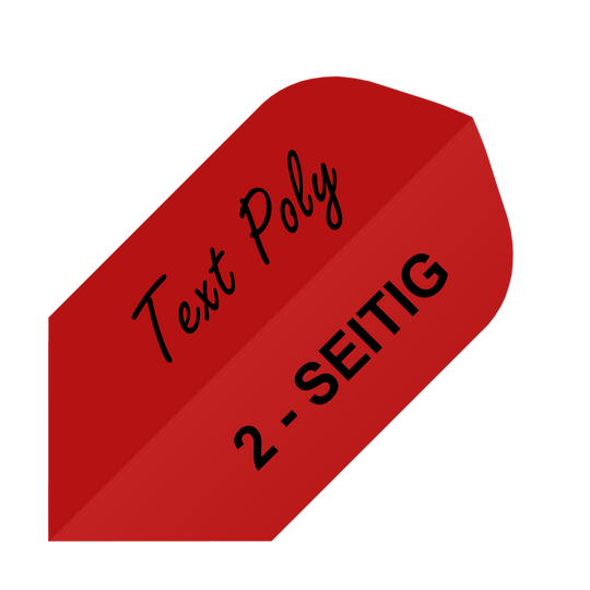 Das Bild zeigt einen roten Poly Slim Flight mit schwarzer Beschriftung. Darauf steht "Text Poly" und "2-SEITIG".