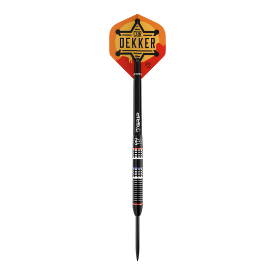 Das Bild zeigt Bulls Cor Dekker The Sheriff Steeldarts, 23 Gramm schwer. Diese Steeldarts sind für ambitionierte Dartspieler konzipiert.